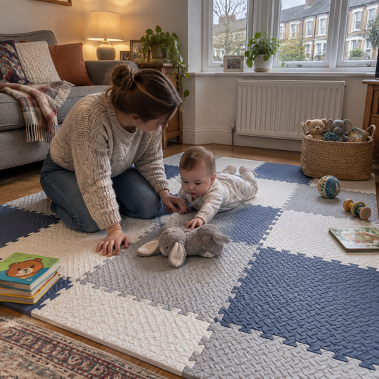 Mother kneeling beside her baby on the foam puzzle play mat in a 1930s sitting room