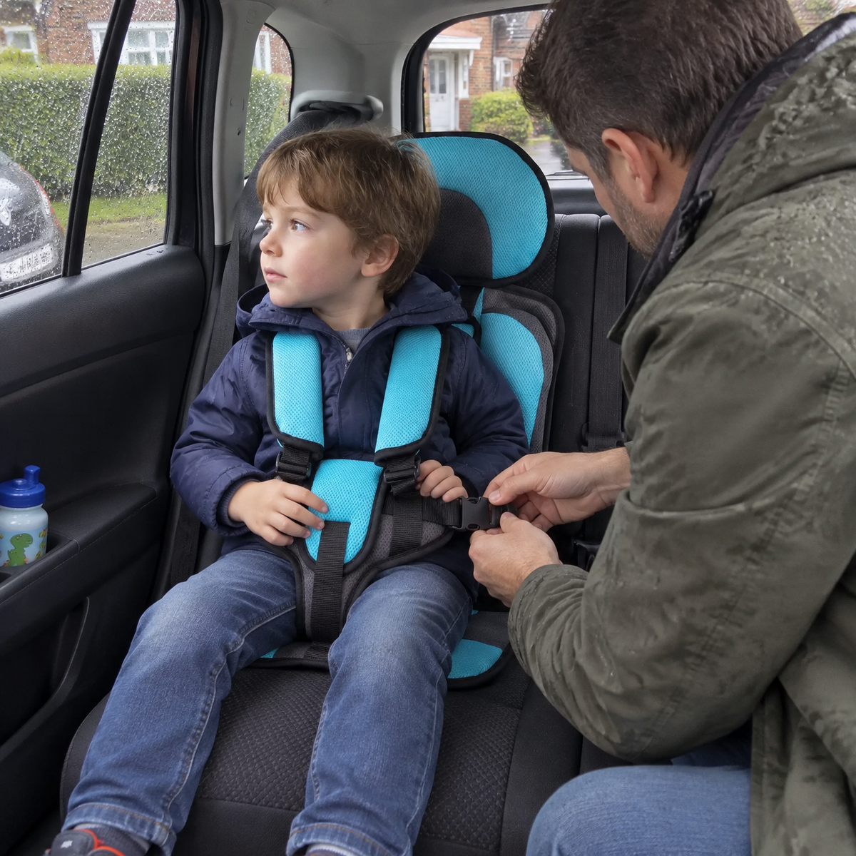 Father fastening the seat belt for a young boy in the booster seat in the back of a family car