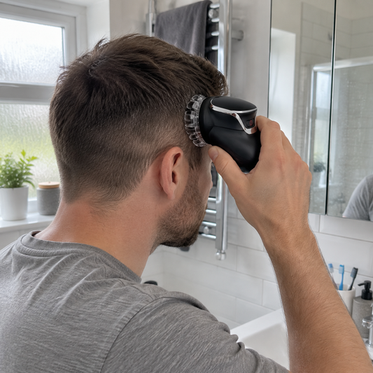 Man trimming his hair with the cordless clipper in front of a bathroom mirror