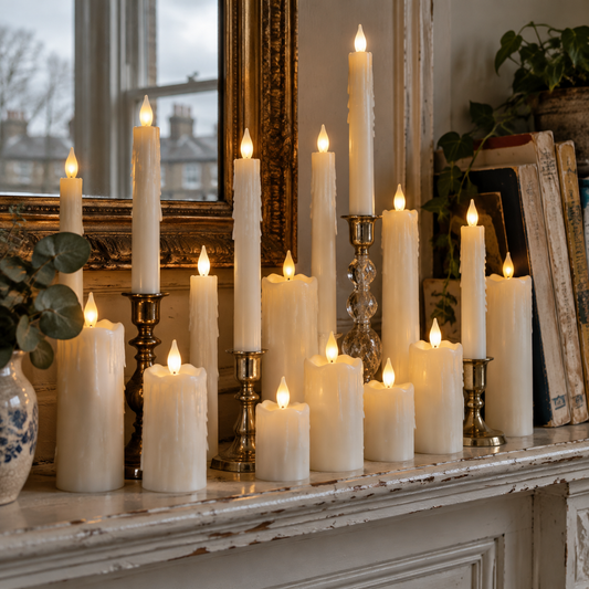 Flameless LED candles lit on a mantelpiece in a British sitting room