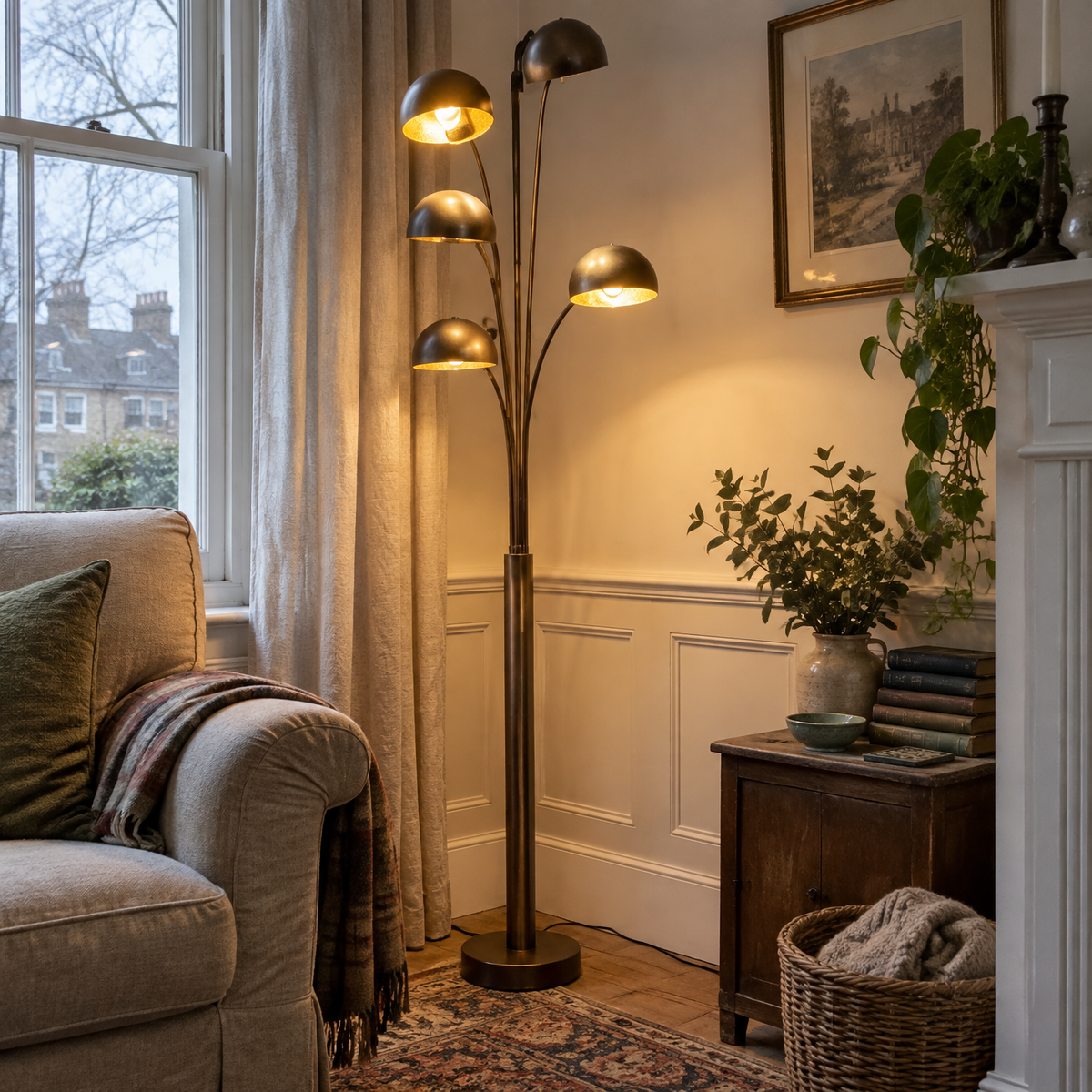 Dark bronze and gold five light floor lamp beside an armchair