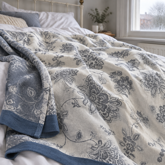 Floral cotton throw blanket across the end of a bed
