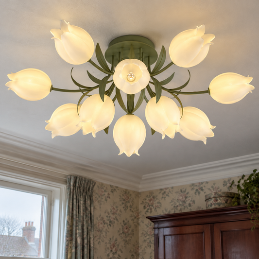 Art deco floral ceiling light on a bedroom ceiling
