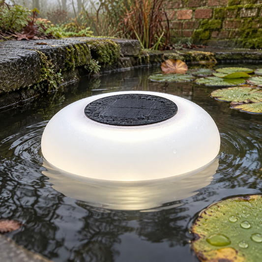 Floating solar pond light on a garden pond on a misty morning