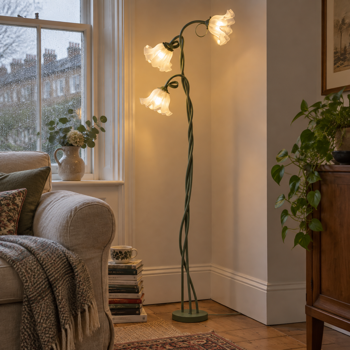Green glass lily flower floor lamp in a sitting room corner