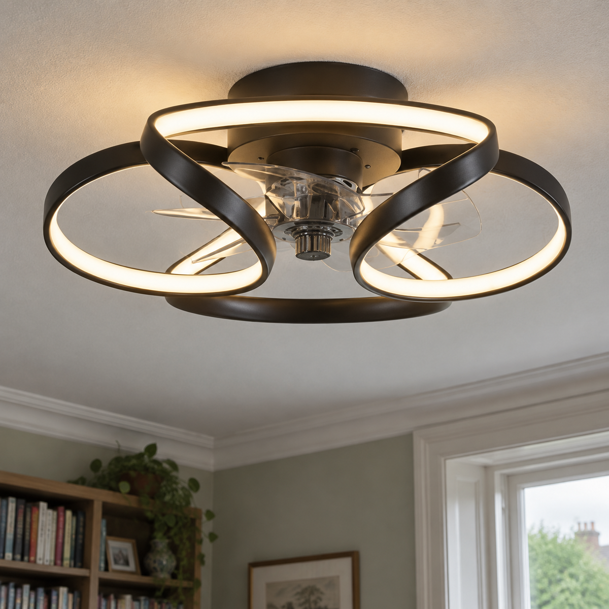 Flower shaped flush mount ceiling fan with light in a sitting room