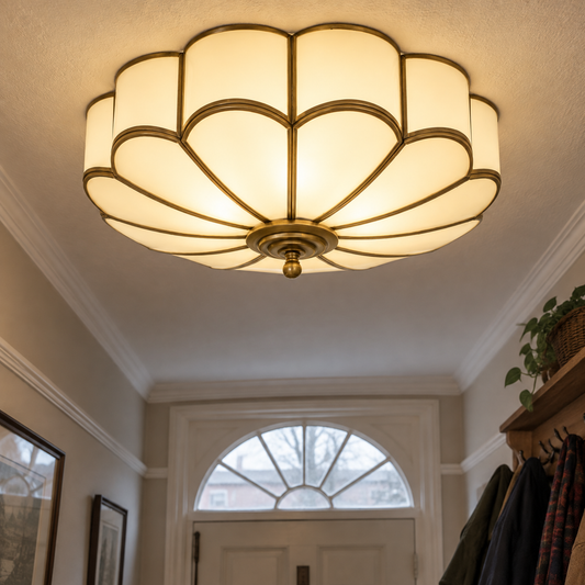 Flower shaped glass ceiling lamp in a hallway