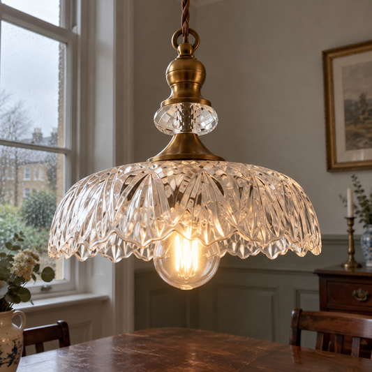 Vintage brass flower pendant light over a dining table