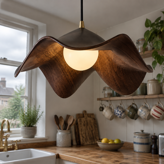Floral pendant light hanging over a kitchen worktop