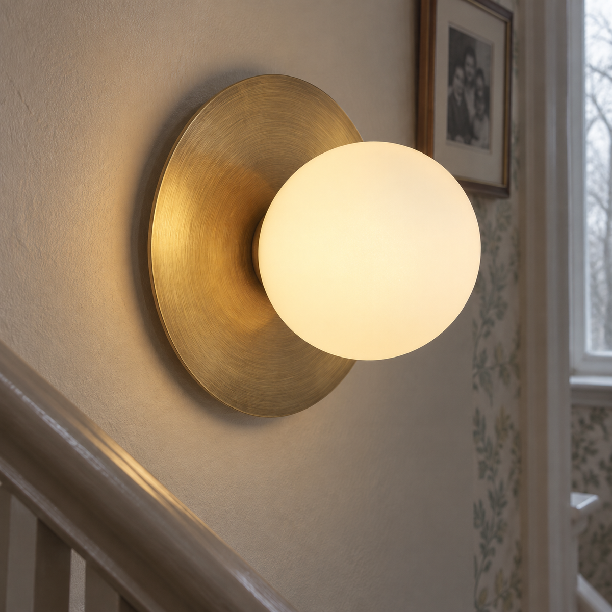 Brass mid century frosted glass wall sconce in a stairwell