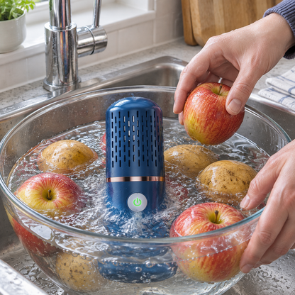 Cordless fruit and vegetable washer in a bowl of water, hands lowering in an apple