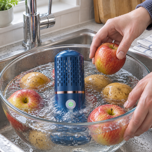 Cordless fruit and vegetable washer in a bowl of water, hands lowering in an apple