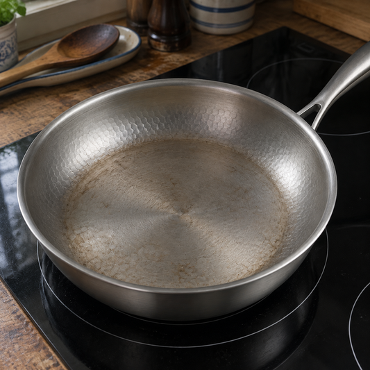 Titanium frying pan on a kitchen hob