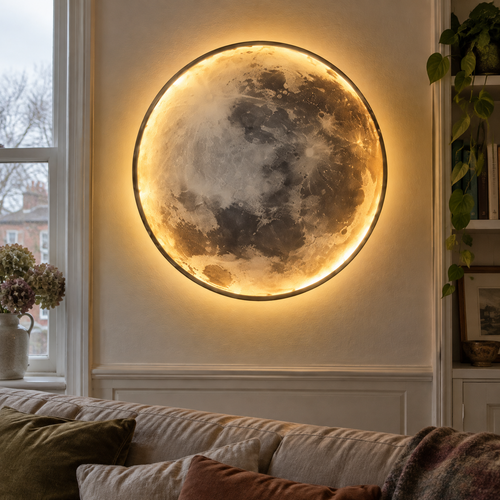 Full moon wall lamp above a sofa in a sitting room