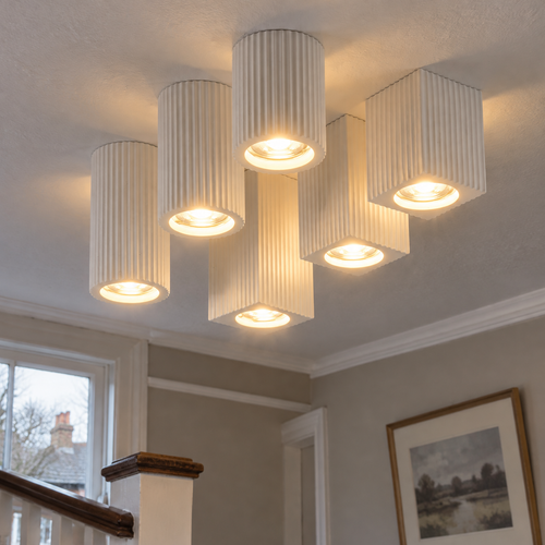 Fluted glass flush ceiling light on a landing