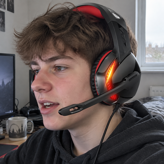 Gaming headset worn by a teenager at a desk