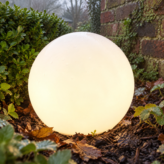 Spherical outdoor garden light among planting on a misty morning