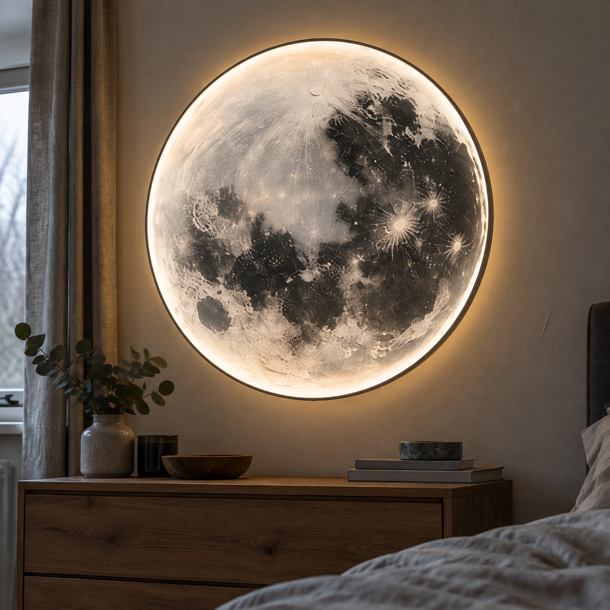 Full moon wall sconce above a chest of drawers in a bedroom