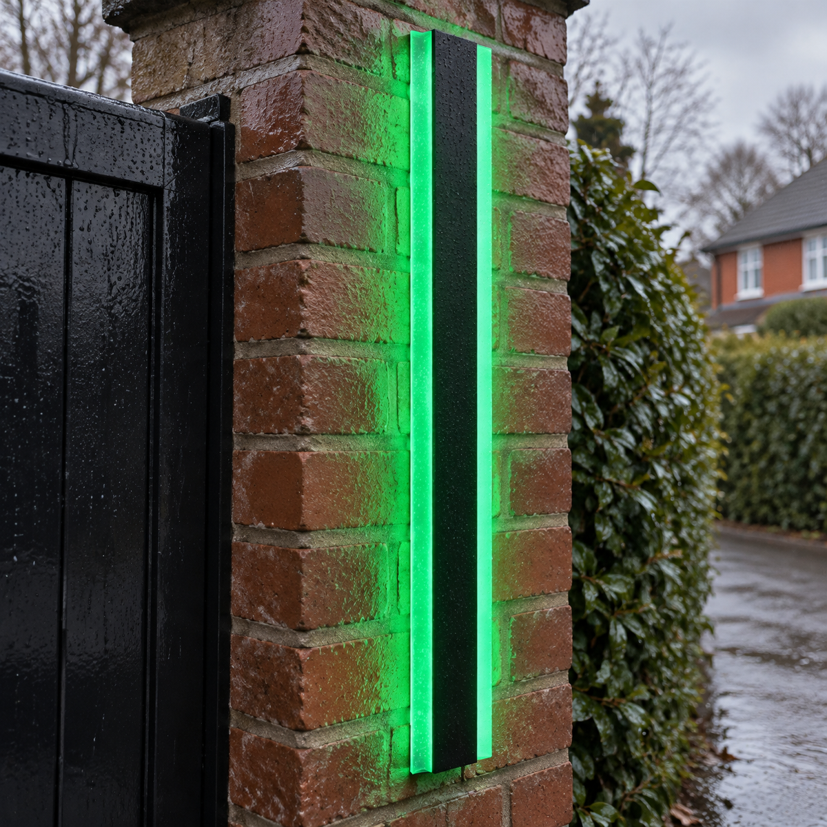 Minimalist outdoor gate wall light on a brick gatepost