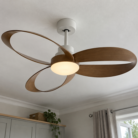 Geometric ceiling fan with light on a bedroom ceiling