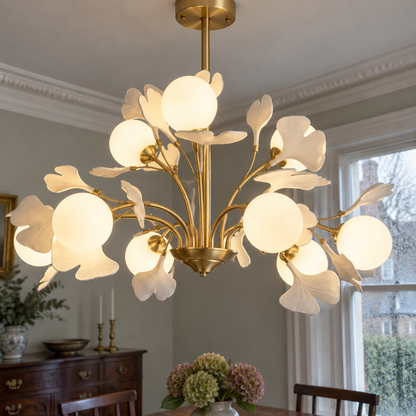 Gingko leaf chandelier over a dining table