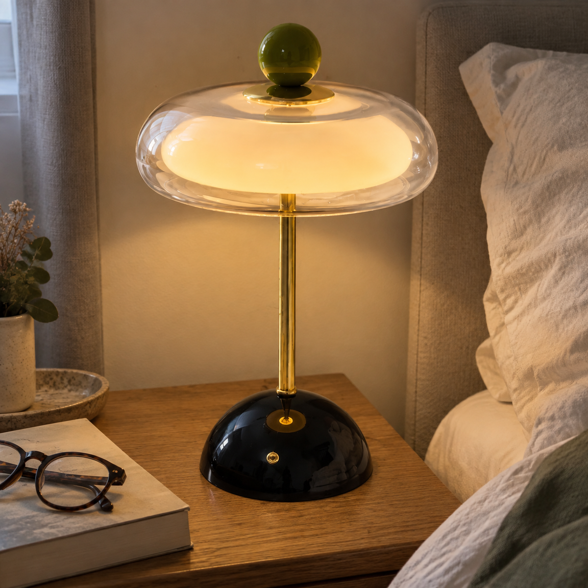 Memphis glass bauble touch table lamp on a bedside table