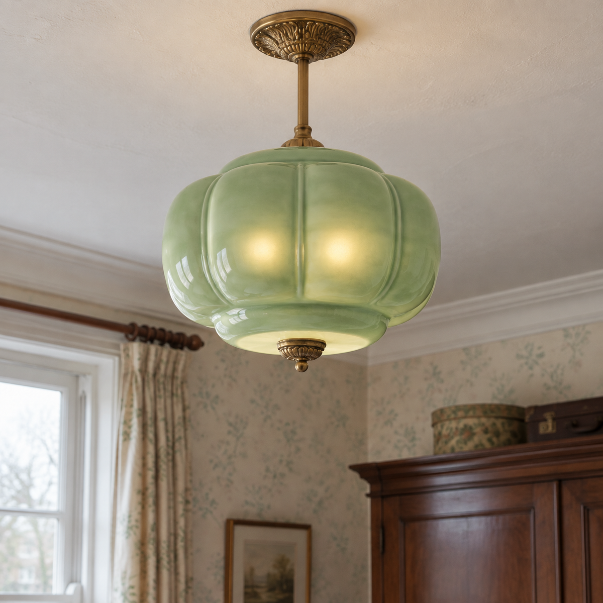 Art deco glass ceiling light on a bedroom ceiling
