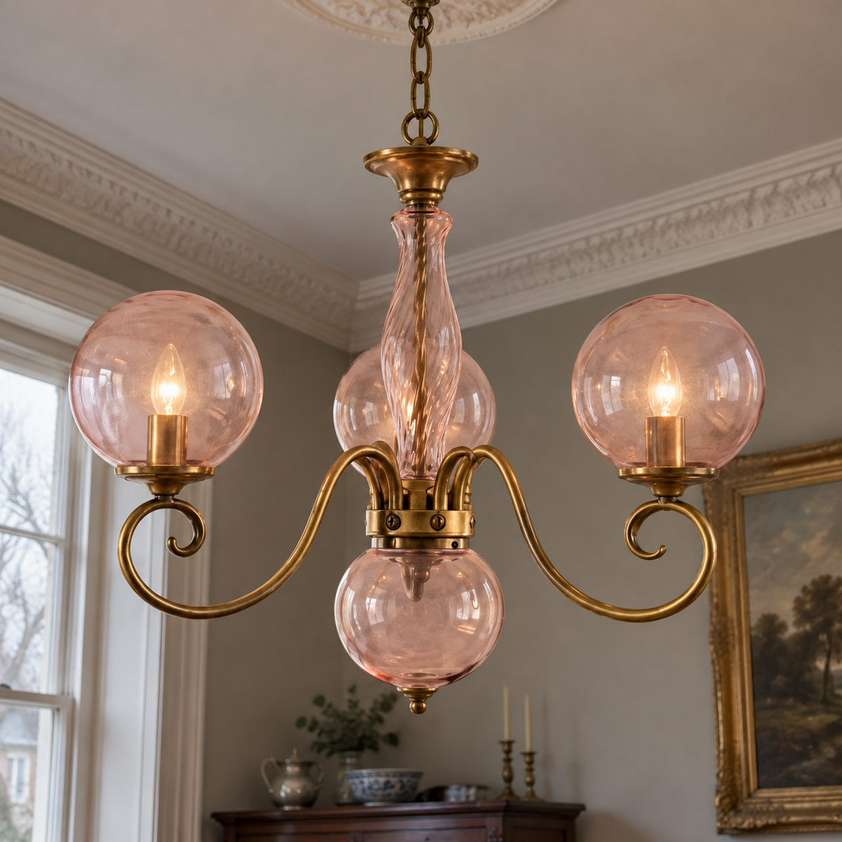 Antique brass glass chandelier over a dining table