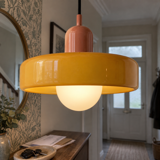 Bauhaus glass pendant light with ring shade in a hallway