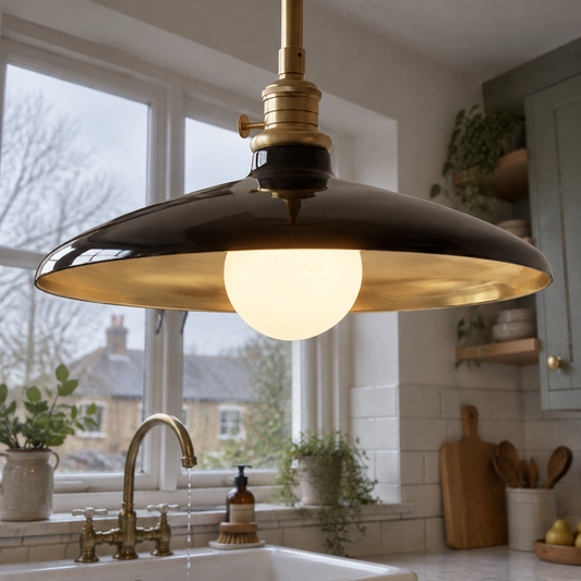 Farmhouse glass dome pendant light above a kitchen sink
