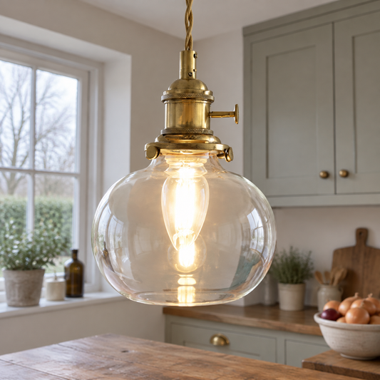 Brass farmhouse glass pendant lamp over a kitchen island