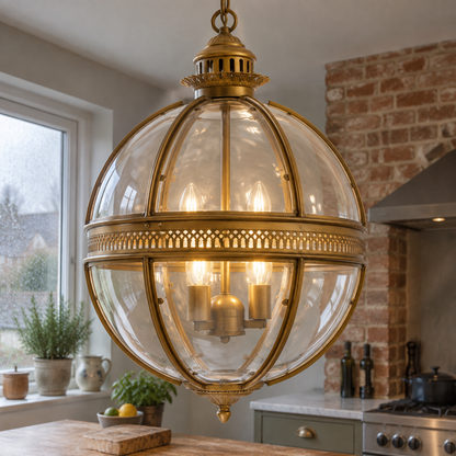 Industrial glass pendant light over a kitchen island