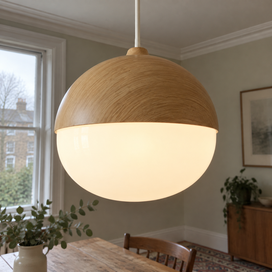 Glass and metal pendant light over a dining table