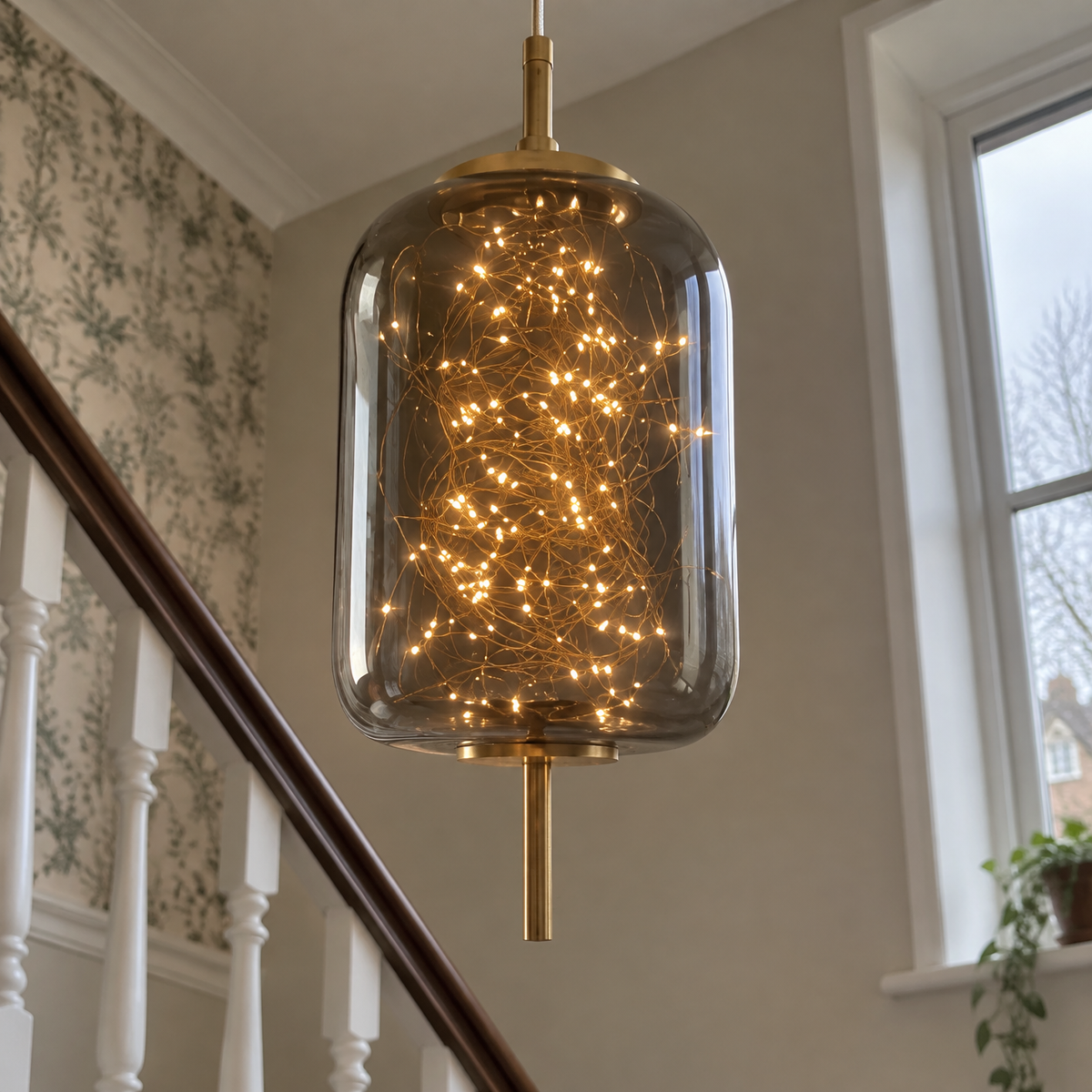 Clear glass and metal twirl pendant light in a stairwell