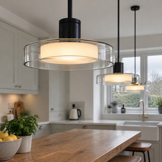 Minimalist glass bar pendant light over a breakfast bar
