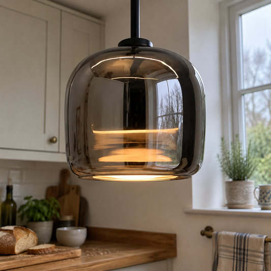 Minimalist glass pendant lamp over a kitchen worktop