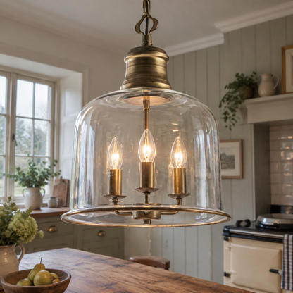 Traditional glass pendant lamp over a kitchen island