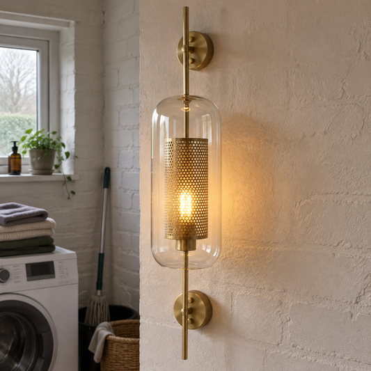 Industrial metal and glass wall sconce in a utility room