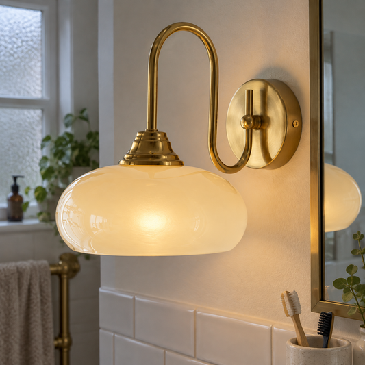 Mid century glass wall sconce in a bathroom