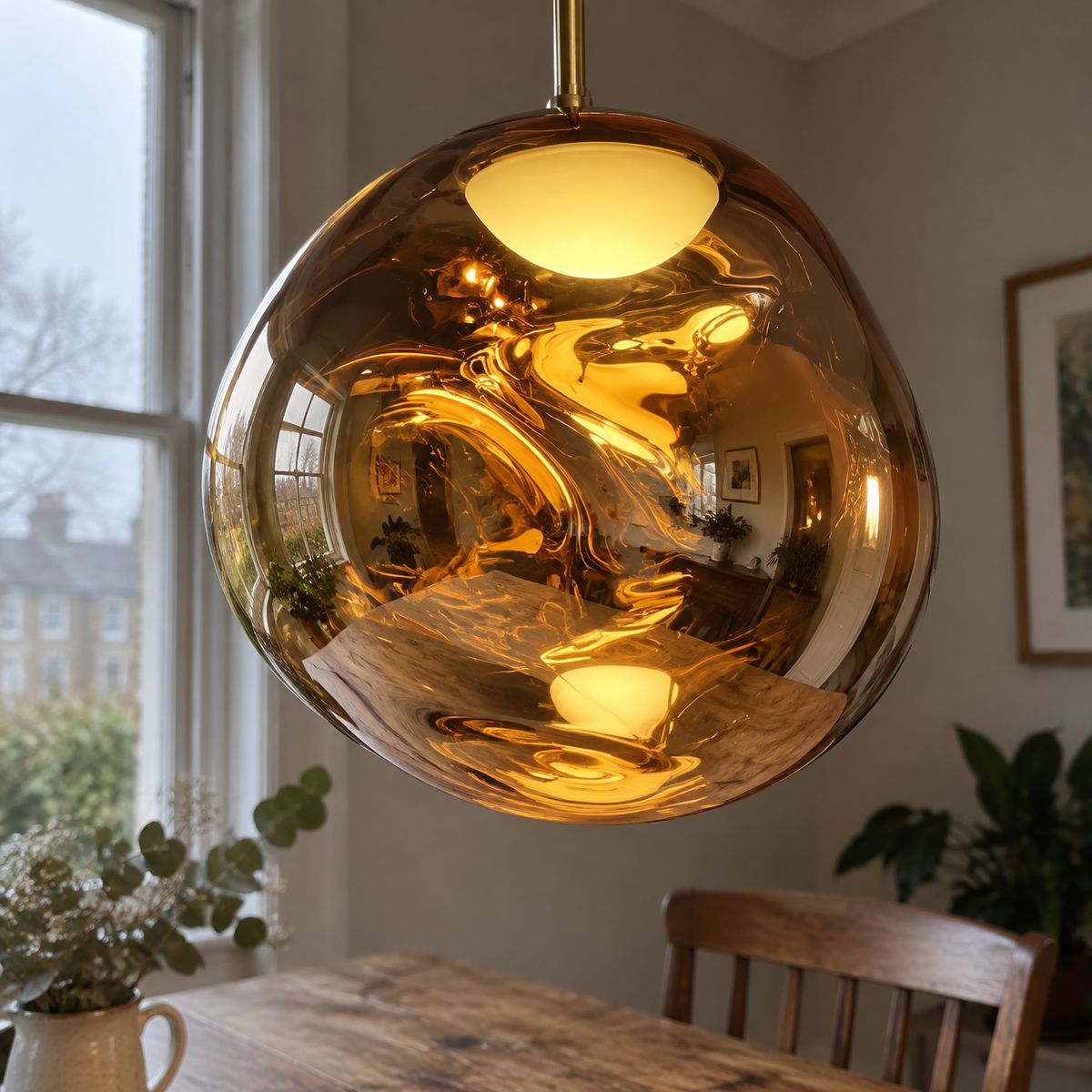 Mirror finish globe pendant light over a dining table