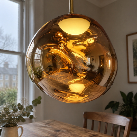 Mirror finish globe pendant light over a dining table