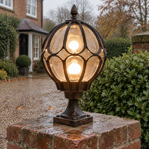 Globe Pillar Light - Retro Copper Fence Post Light in a British home