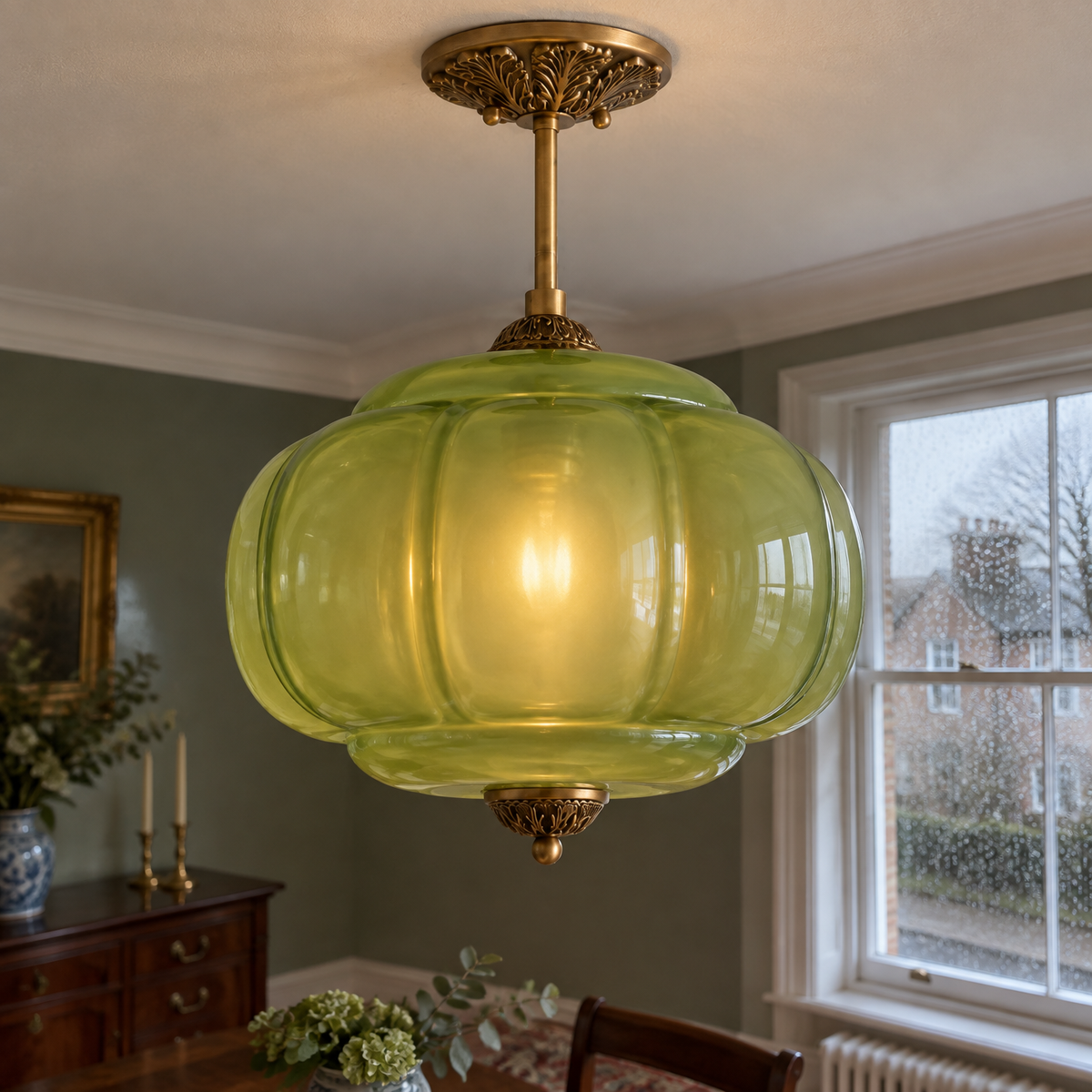 Green Glass Pendant Light - Antique Brass Pumpkin Lamp in a British home