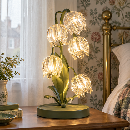 Green Glass Table Lamp - Floral Bedside Light in a British home