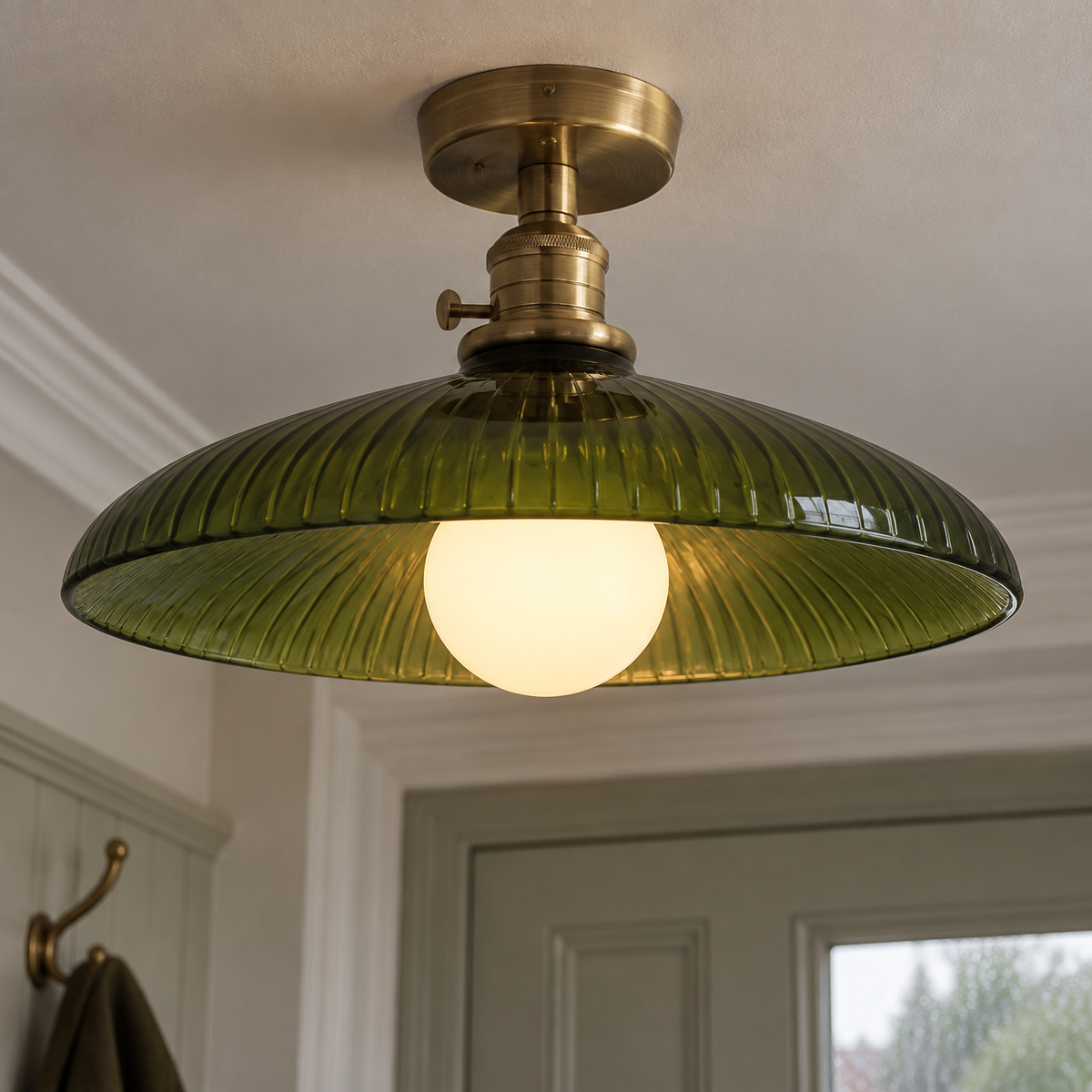 Green Glass Ceiling Light - Antique Brass Semi Flush in a British home