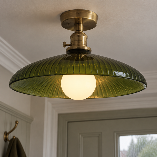 Green Glass Ceiling Light - Antique Brass Semi Flush in a British home