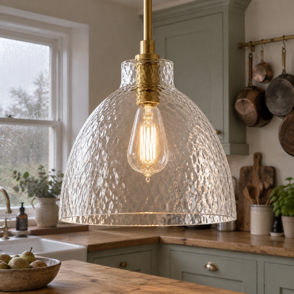 Hammered Glass Pendant Light - Farmhouse Island Lamp in a British home