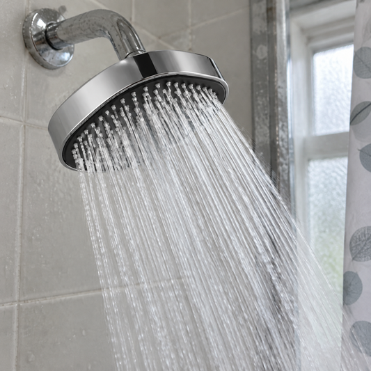 High Pressure Shower Head - Filtered Rainfall Spray in a British home