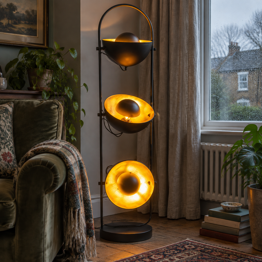Industrial Floor Lamp - Black and Gold 3 Light in a British home