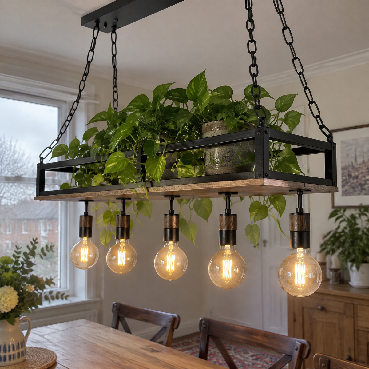Industrial Pendant Light - Black and Wood 5 Light in a British home